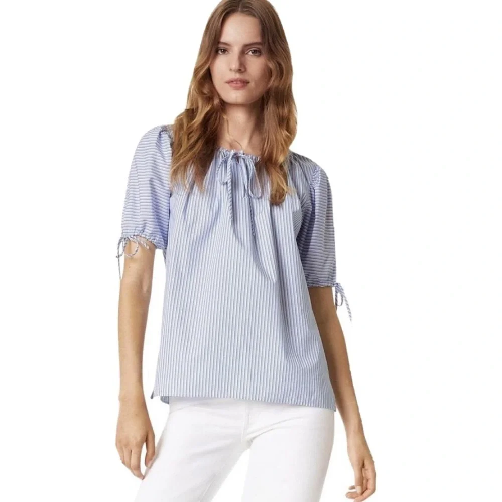 Tory Burch | Ariana Drawstring Top Womens S Small Blue Ombre Stripe Short Sleeve